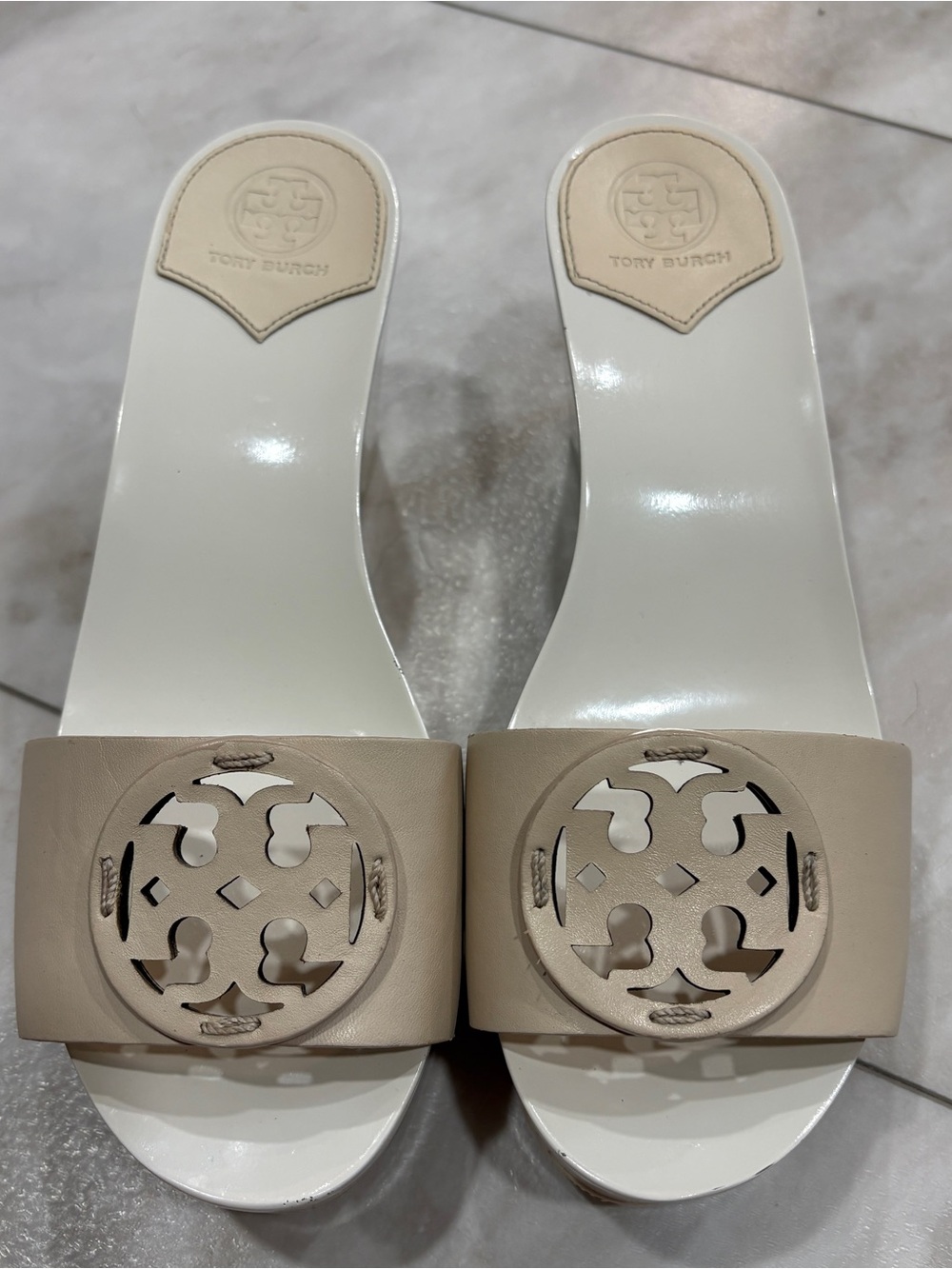 Tory Burch Beige Cream Logo Slide Sandals